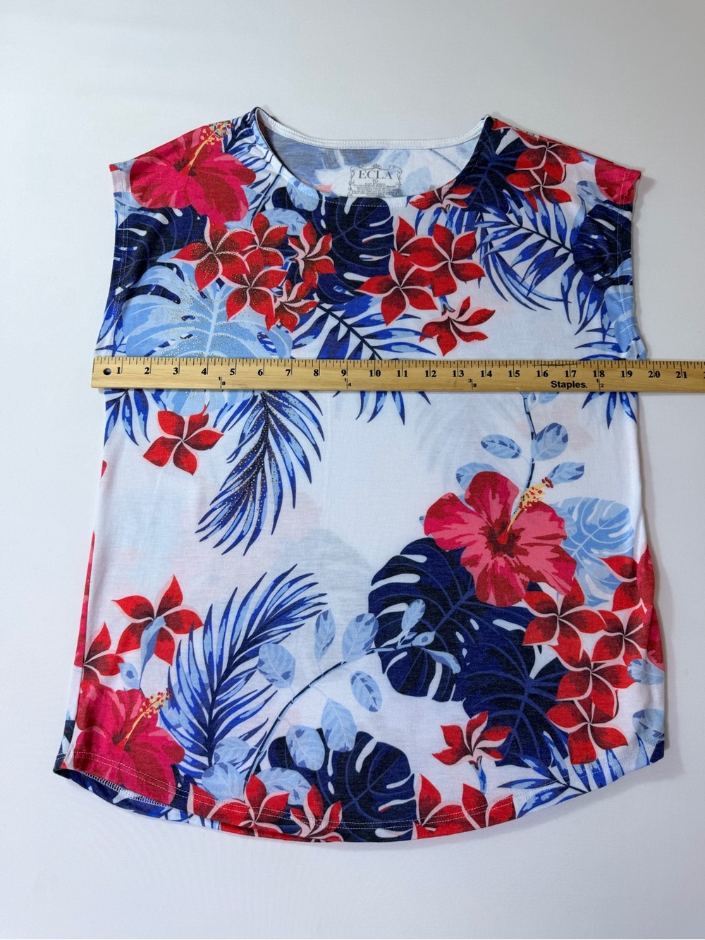 Womens Tropical Hibiscus Flower T Shirt Short Sleeve Blue Red Hawaiian Sz Medium - Picture 5 of 6